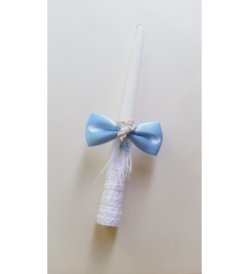 Krikšto žvakė su papuošimu - kaspinėliu 30 cm. Spalva šviesiai mėlynas su angeliuku